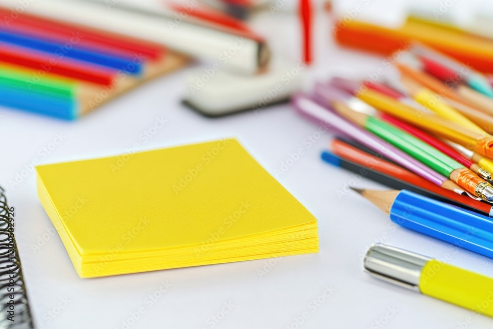Poster pencils and notebook on a table, perfect for drawing or writing