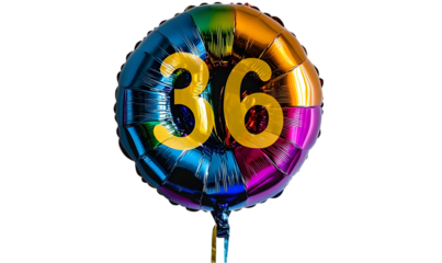 Multicolored Foil Balloon Number 36 for Anniversary or Birthday