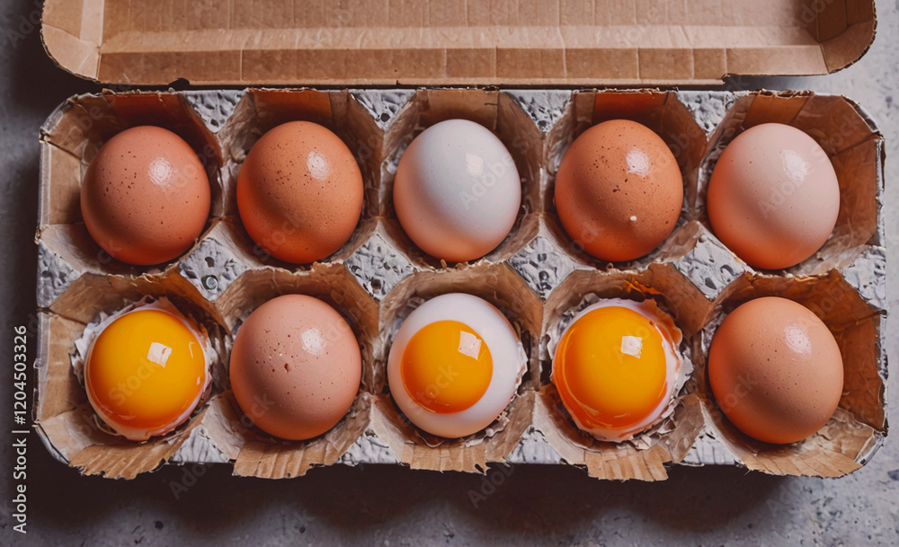 Poster dozen eggs are in a carton, with one of them cracked open. the carton is white and brown, and the eg