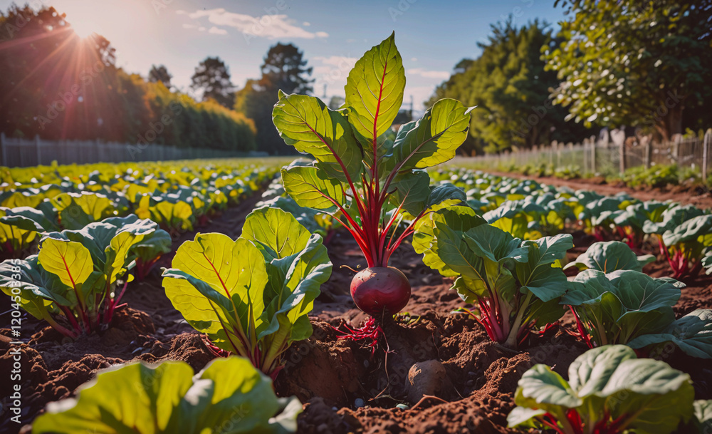 Poster field of vegetables with a large beetroot in the foreground. the field is full of green plants and t