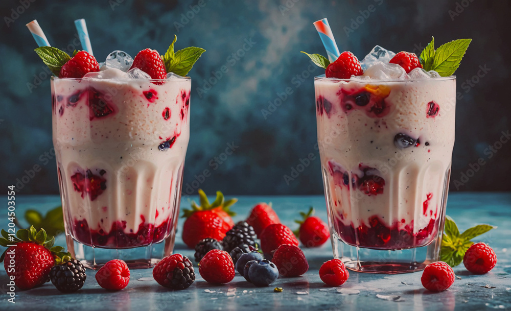 Poster two glasses of strawberry milkshakes with a bunch of strawberries on the table. scene is sweet and r