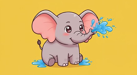 Obraz premium A sticker showing a little, round elephant with big ears, spraying water from its trunk in a fun, joyful way. 
