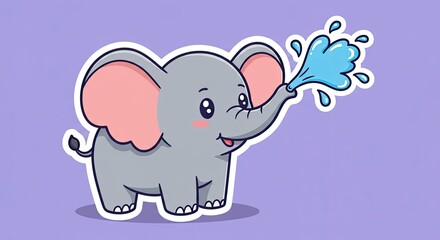 Obraz premium A whimsical sticker of a tiny, rotund elephant with large ears, spraying water from its trunk in a cheerful manner. 