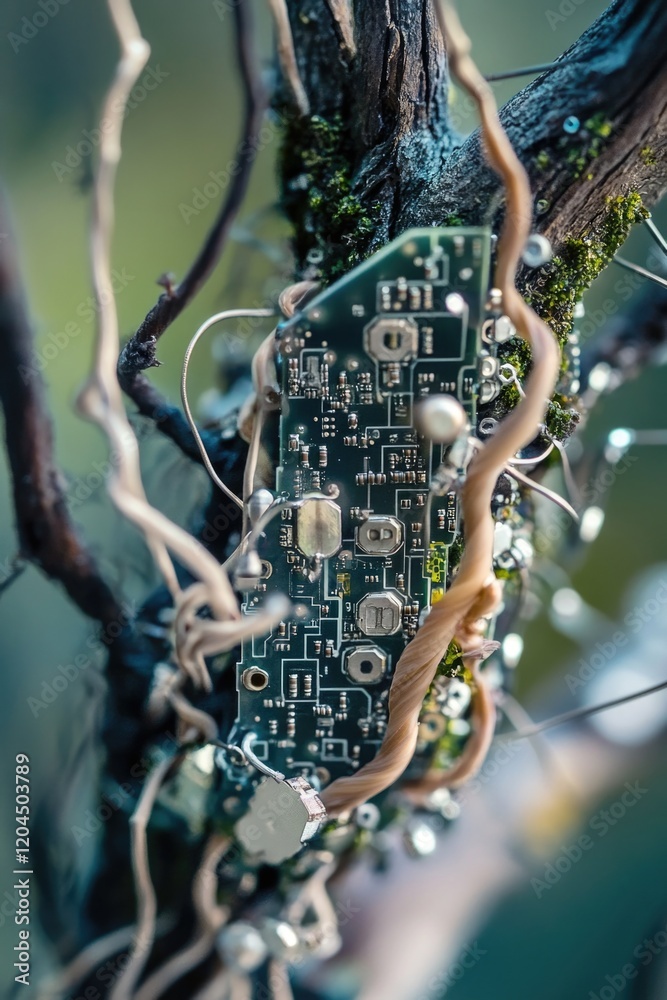 Aufkleber Close-up view of a circuit board growing on a tree, with wires and components visible