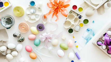 Colorful Easter crafting supplies with painted eggs and ribbons, festive decoration
