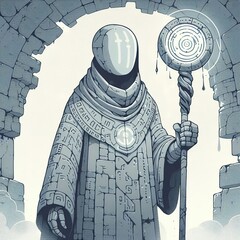 Stone Golem with a Magical Staff in Hand