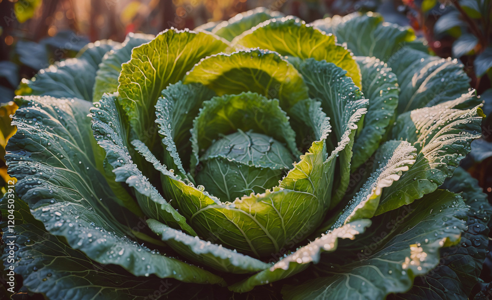 Poster large green cabbage with droplets of water on it. the droplets of water give the cabbage a fresh and