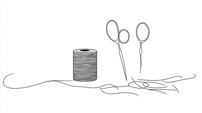 recommend clip art: Elegant Line Art Illustration of Sewing Kit: Thread Spool, Scissors, and Intricate Thread Detail