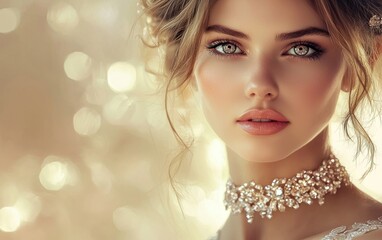 Fototapeta premium An elegant portrait of a woman wearing a diamond-studded choker, her eyes shining under soft light, with a creamy beige background blur for valentines day