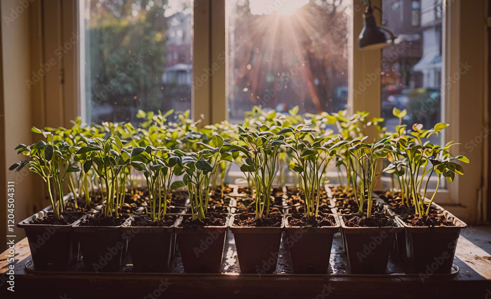 Poster row of potted plants sit on a table in front of a window. the plants are small and green, and they a
