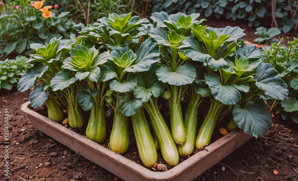Poster tray of green vegetables including celery and broccoli. the vegetables are in a garden setting