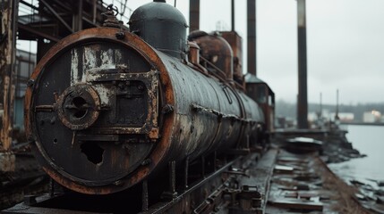 An abandoned, weathered industrial locomotive, hinting at stories of the past, sits amidst a moody, desolate landscape.
