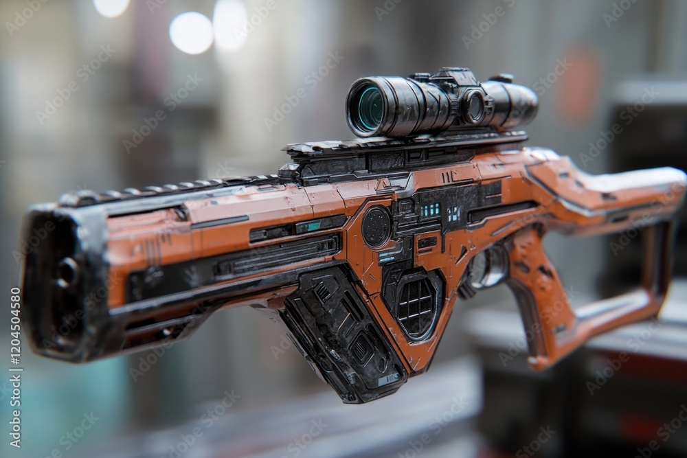 Poster close-up shot of a rifle with a scope, suitable for use in military or outdoor-themed contexts