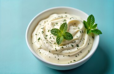 Closeup view of creamy tartar sauce in white bowl. Fresh herbs like mint, basil decorate surface. Healthy dip ready for food pairings. Light blue background. Ideal for restaurant menus food blog