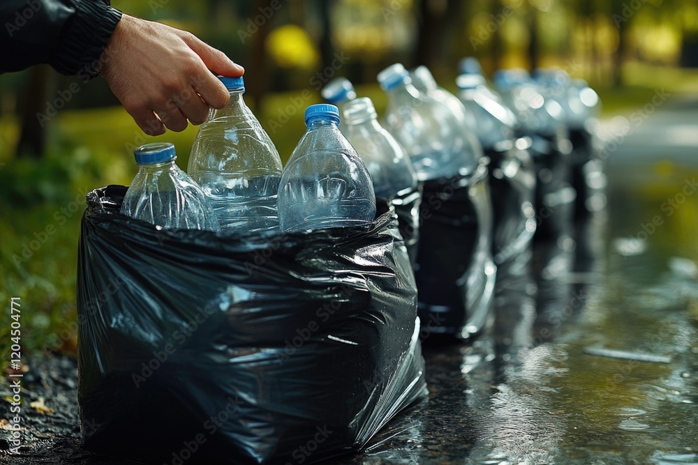 Poster a person picking up plastic bottles from a line of trash bags, highlighting the importance of recycl