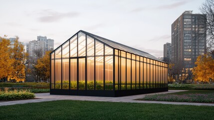 Obraz premium A modern greenhouse with glass walls, surrounded by a park, showcasing vibrant greenery against a city skyline at sunset.