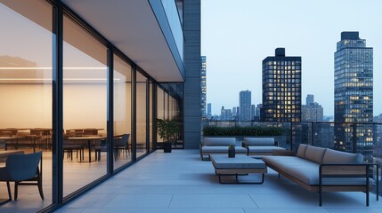 A modern terrace with sleek furniture overlooks a city skyline at dusk, featuring glass walls and a stylish, inviting atmosphere for relaxation.