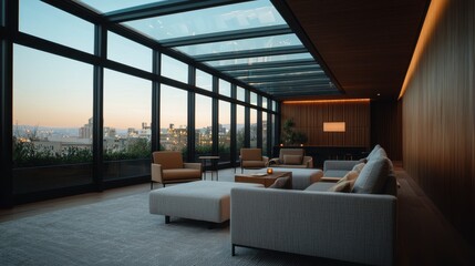 A modern lounge space with large windows offering a panoramic view, featuring elegant furniture and warm lighting.