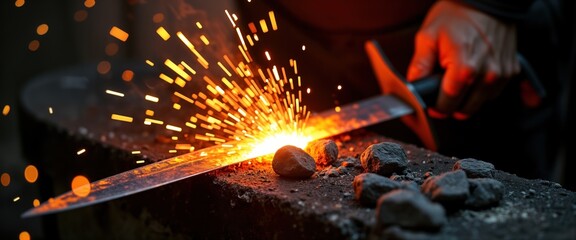 Blacksmith expertly forges sword in traditional workshop. Glowing hot metal emits intense sparks. Craftsman uses hammer on anvil. Heat, skill create weapon. Traditional metalworking process in