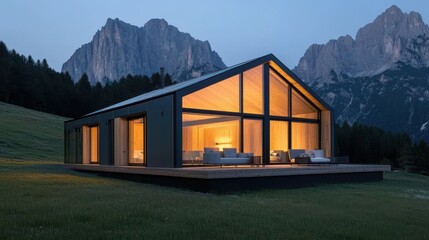 A modern cabin with large windows, situated in a mountain landscape, illuminated at dusk, showcasing a blend of nature and contemporary design.