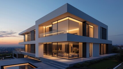 A modern, stylish house at twilight, featuring large glass windows and sleek architecture, surrounded by a scenic landscape.