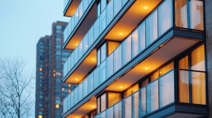 Obraz premium A modern apartment building with illuminated balconies against a twilight sky, showcasing contemporary architecture and urban living.