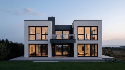 A modern, minimalist house with large glass windows, showcasing open spaces and a contemporary design, set against a serene twilight backdrop.