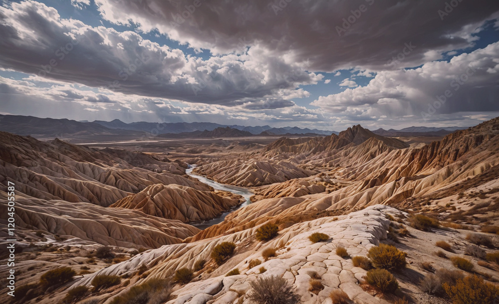 Poster desert landscape with a river running through it. the sky is cloudy and the sun is shining through t