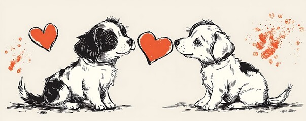 Cute dogs falling in love in a hand-drawn Valentinea??s Day card