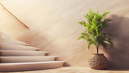 Obraz premium Modern natural ash tree wooden stairs in new house interior