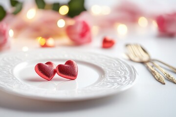 A white plate with two red hearts on top