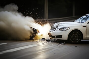 A car that has crashed into another car on the road
