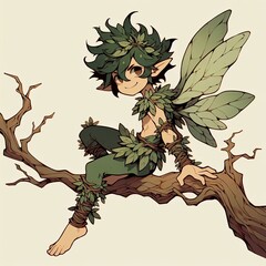 Fototapeta premium Playful Elf with Green Hair and Woodland Attire