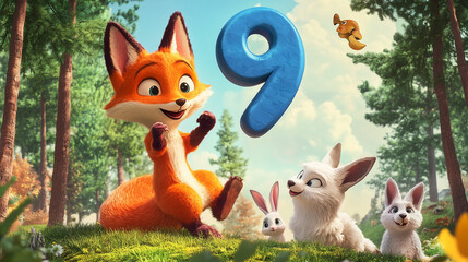 Animated fox celebrating with playful rabbits in a forest
