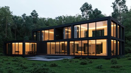 Obraz premium A modern, sleek black house with large glass windows, set amidst lush greenery, illuminated warmly at dusk.