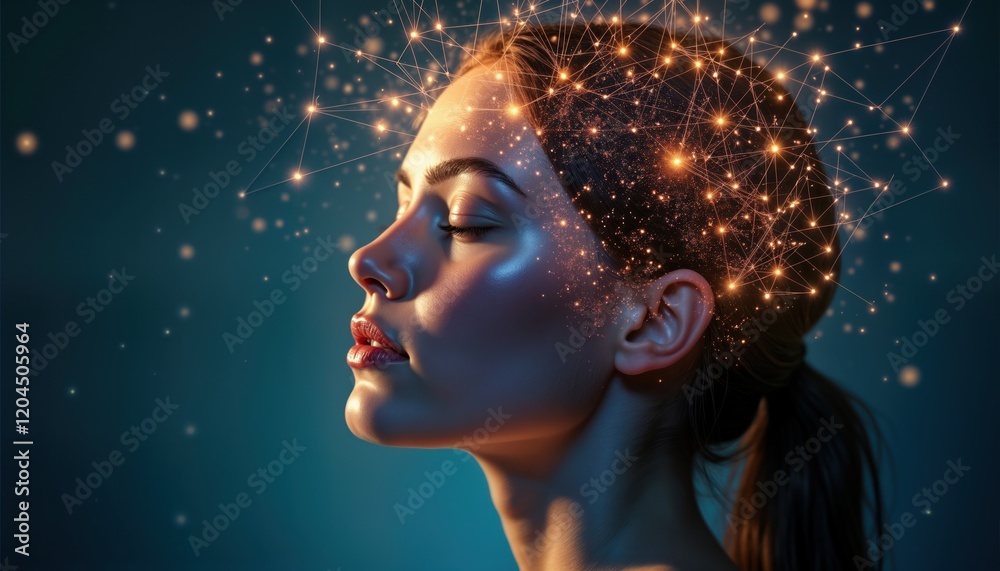 Poster Woman with closed eyes. Mind power connection illustrated. Abstract tech concept for telepathic communication. Thought controlled neural link. Creative visualization of brainpower transmission.