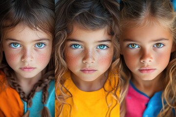 Three young girls with freckled skin, smiling at the camera