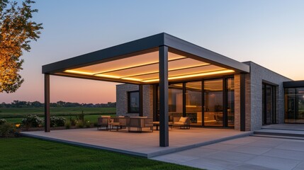 Fototapeta premium A modern house exterior featuring a spacious patio with a pergola, surrounded by greenery at dusk, showcasing an inviting outdoor living space.