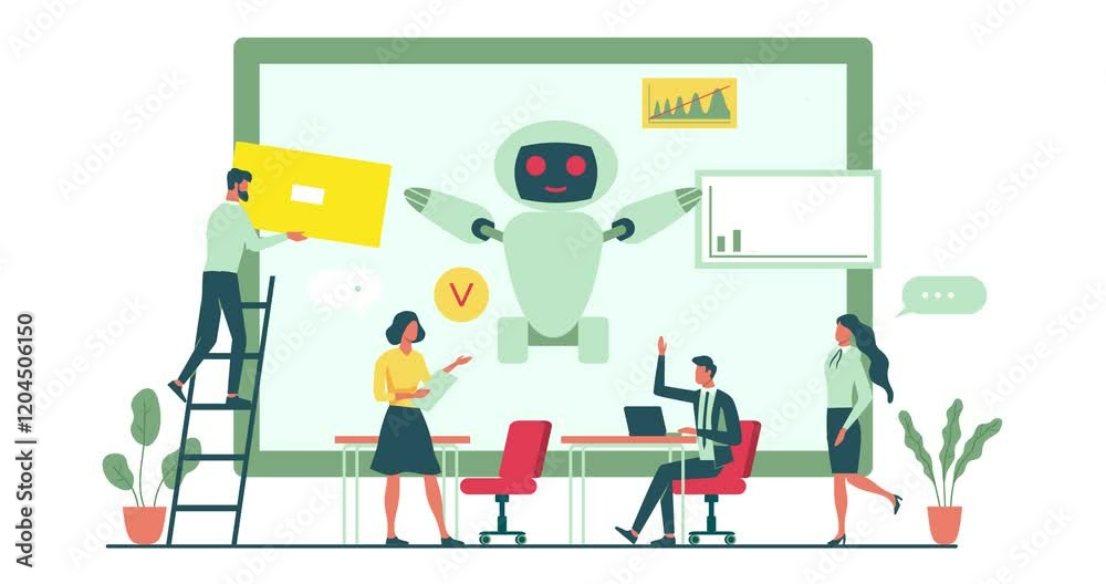 Poster people using ai technology. moving banner with office workers using neural networks and artificial i
