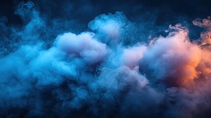 Ethereal smoke clouds in vibrant blue and orange hues swirling against a dark backdrop, creating a mystical atmosphere for creative projects