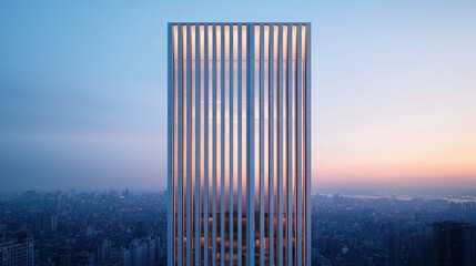 A modern skyscraper featuring vertical lines, illuminated against a twilight sky, overlooking a vast cityscape.