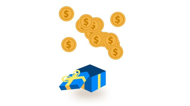 Gift box pops coins icon animation. Isolated on white background. Suitable for give away, earning prizes, bonus or rewards from store and company.