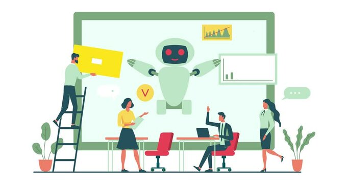 People using AI technology. Moving banner with office workers using neural networks and artificial intelligence to analyze business data. Digital robot assistant. Cartoon flat animated graphics