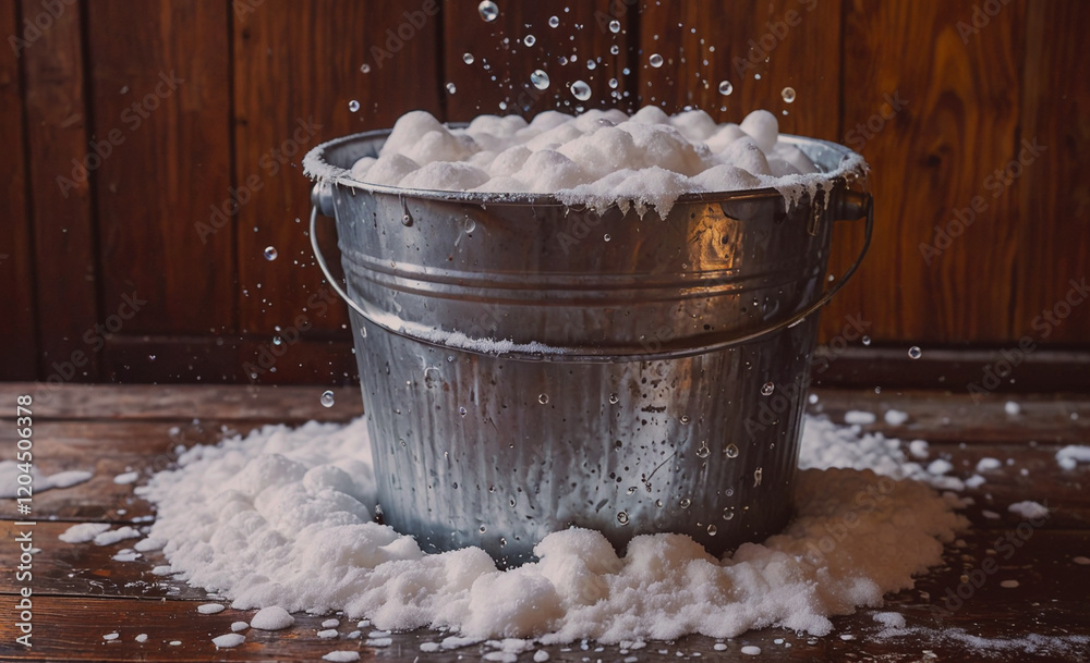 Poster Bucket full of bubbles is sitting on a wooden floor. The bubbles are popping and the bucket is overflowing with water. The scene is playful and fun, with the bubbles creating a sense of joy and