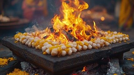 Grilled corn on the cob cooked over an open flame in a backyard setting