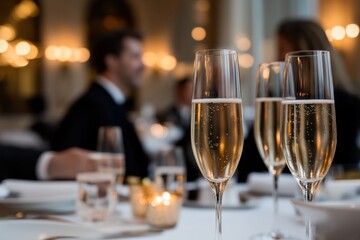 A sophisticated dining experience highlighted with sparkling champagne glasses, creating a refined atmosphere in a beautifully lit setting filled with subtle elegance.