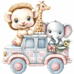 Cute pastel color nuresery safari animals in a truck clipart