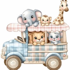 Cute pastel color nuresery safari animals in a truck clipart