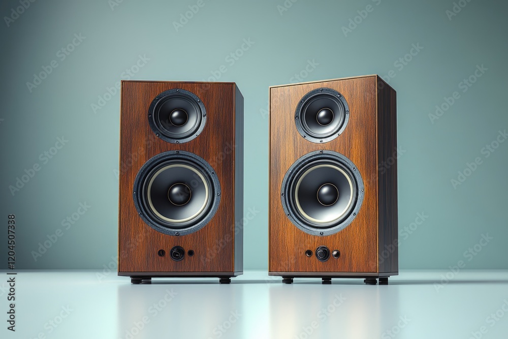 Poster two speakers sitting on a table, ready for use