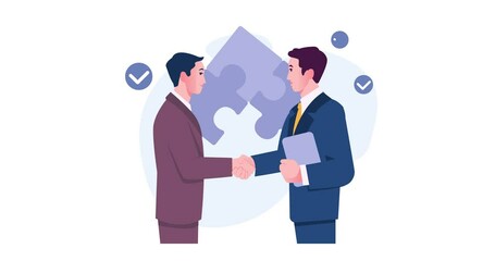 Business teamwork. Moving banner with businessmen making deal or agreement and shaking hands. Entrepreneur signs contract. Partnership, collaboration and cooperation. Cartoon flat animated graphics